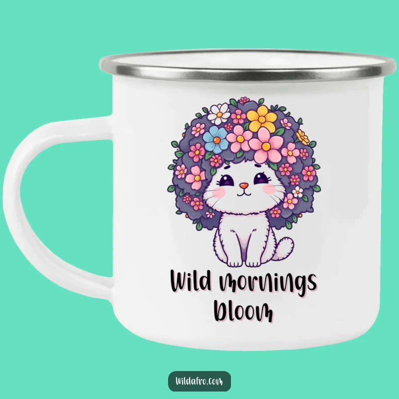 Funny Cat Afro Flower Camping Mug: Fluffy Character Adventure with Blooming Floral Style