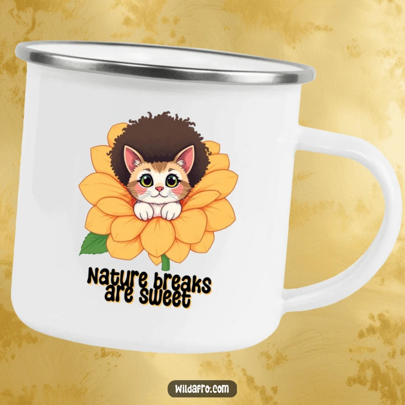 Funny cat with a fluffy afro peeking from a large flower, depicted on a durable and humorous camping mug.