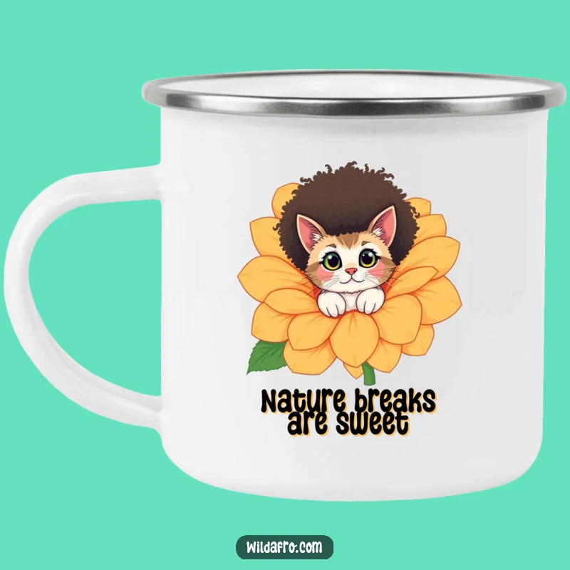 Funny Cat Afro Flower Peek Camping Mug - Outdoor Whimsy Gift