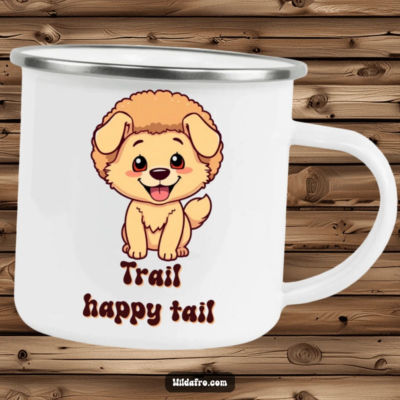 Funny Dog Afro Camping Mug: A happy dog character with a shimmering afro wags its tail by a campfire.