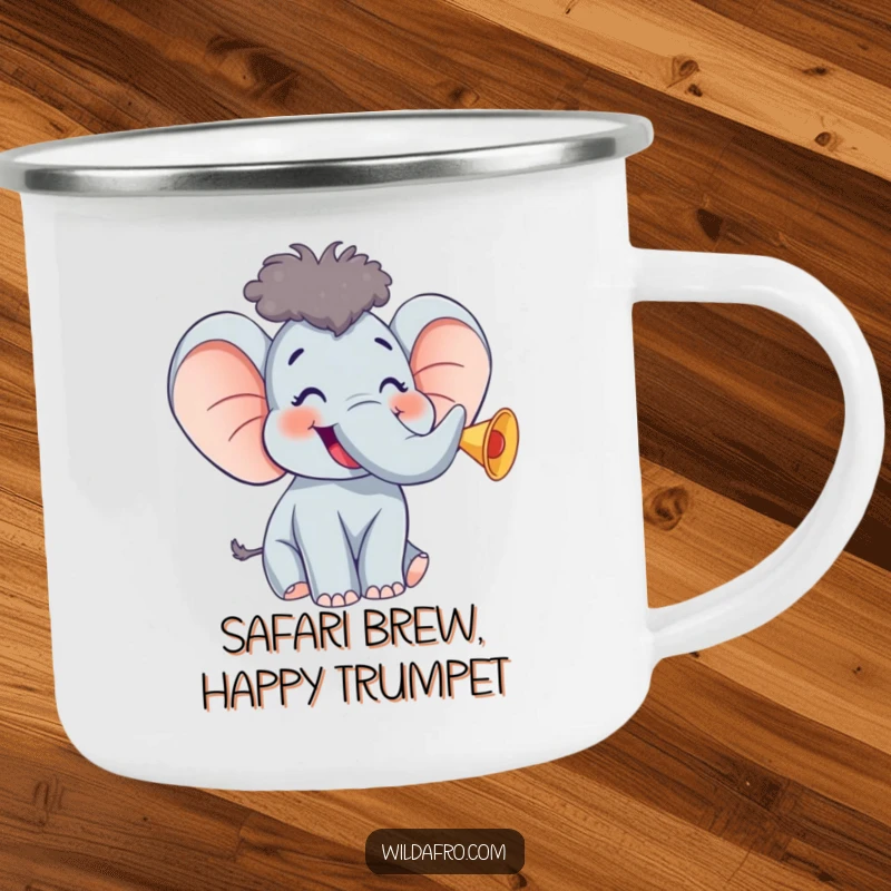 Funny Elephant Camping Mug w/ Afro, Giggling and Trumpeting Happily, Ideal for Outdoor Fun