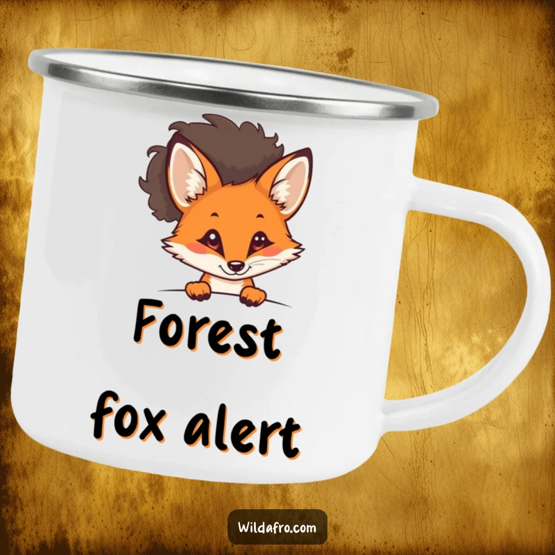 Funny curious fox with a stylish afro peeking out on a camping mug, embodying slyness and cool vibes, a functional funny gift.