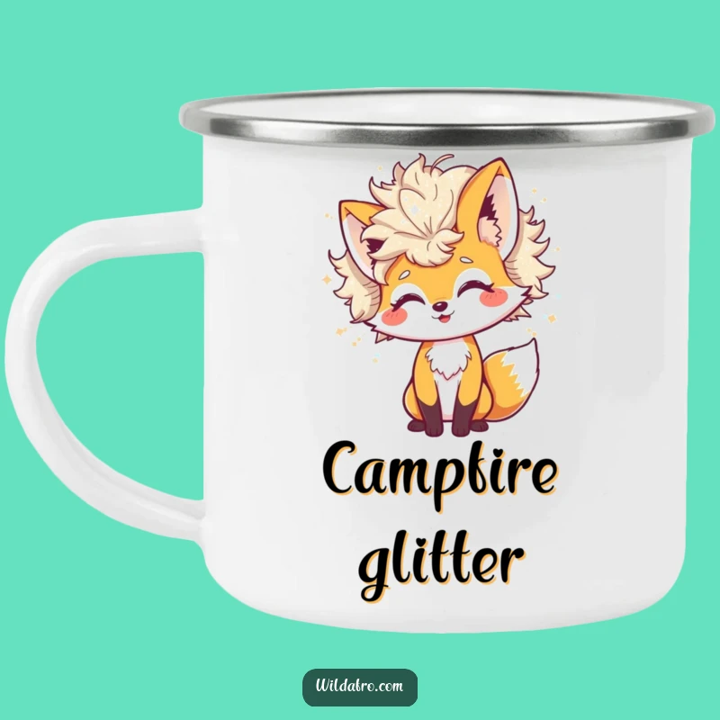 Funny Fox Glitter Afro Camping Mug: Cheerful Character Adventure with Shimmering Style