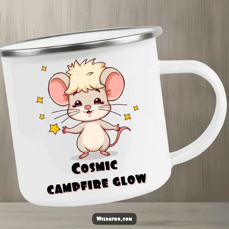 Funny camping mug featuring a mouse with an afro, energetically juggling tiny stars, perfect for outdoor enthusiasts and cosmic vibes.