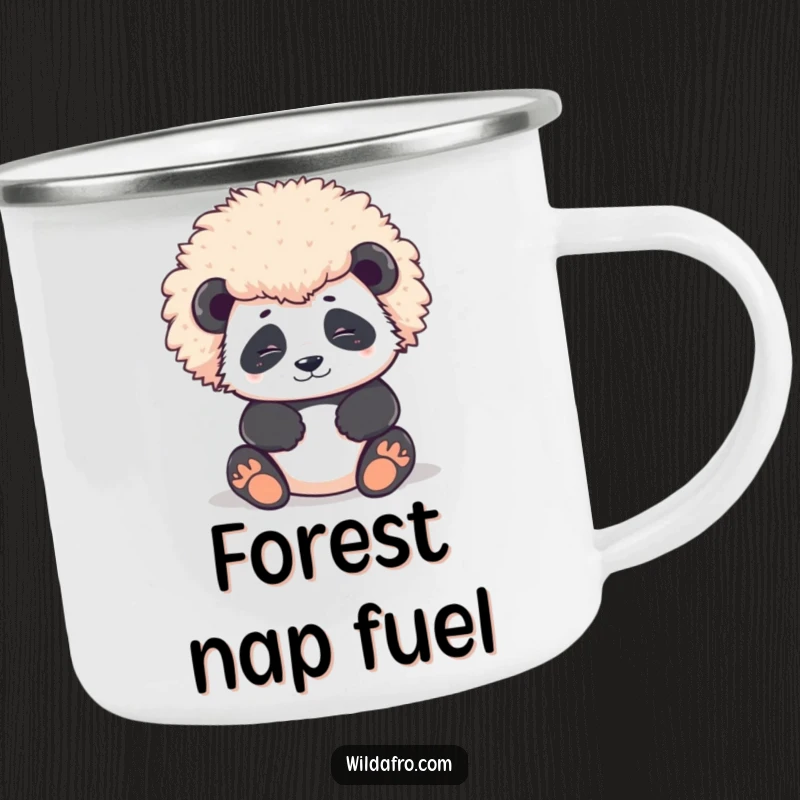 Funny Camping Mug featuring a contented panda character with a large, round afro, perfect for outdoor enthusiasts seeking calm.