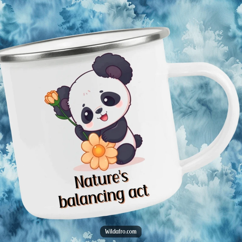 Funny Panda Camping Mug with Rounded Afro Balancing a Flower - Outdoor Humor