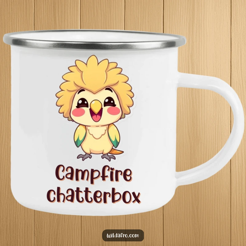 Funny Parrot Camping Mug w/ Afro, Delighted and Squawking Cheerfully, Ideal for Outdoor Fun