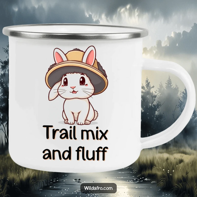 Funny rabbit camping mug featuring a curious bunny wearing an afro hat with its ears sticking out, for outdoor use.