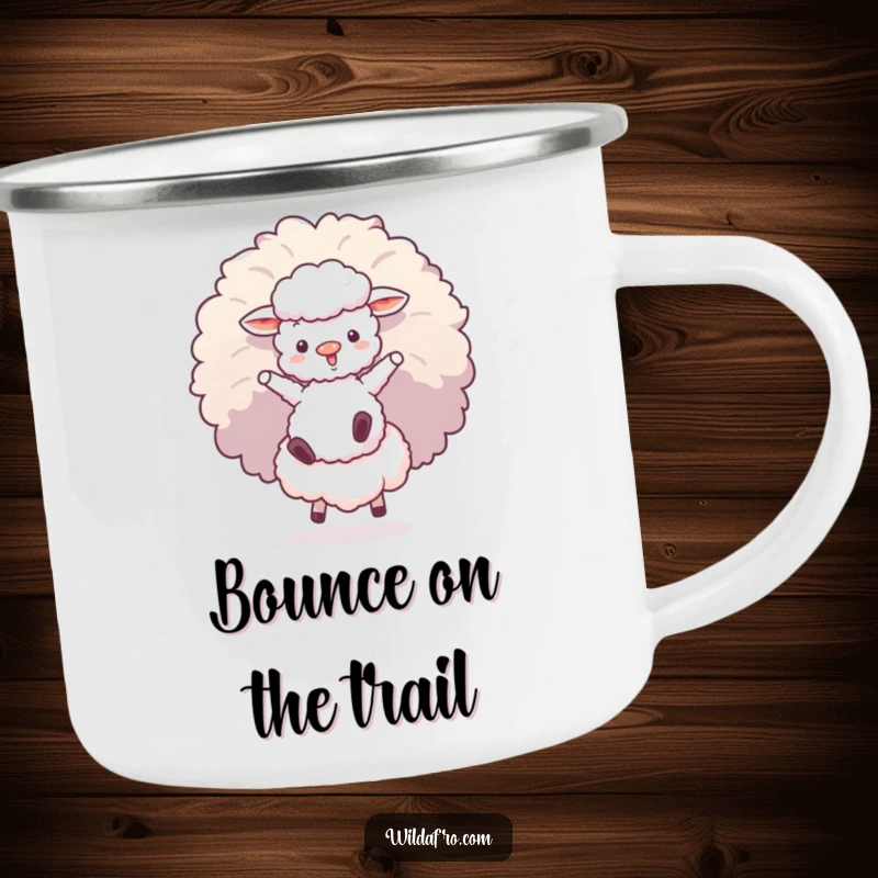 Funny camping mug with a fluffy sheep character bouncing on a giant afro puff, perfect for outdoor adventures and drinks.