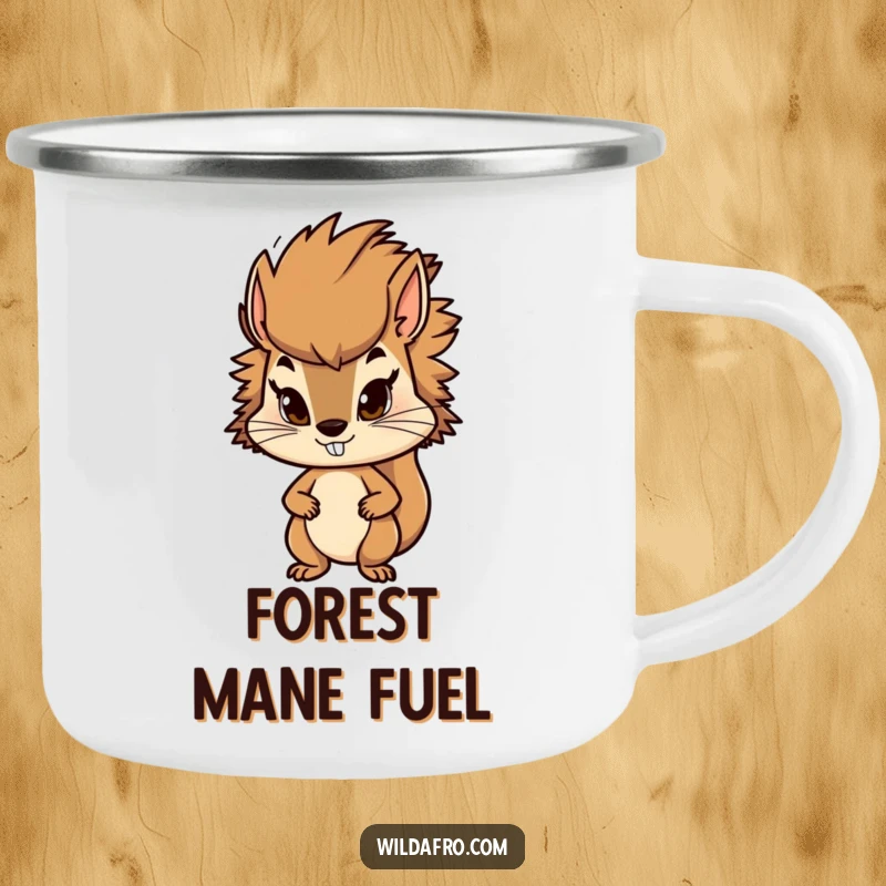 Funny squirrel camping mug featuring a determined character with a stylish, bushy afro. Ideal for outdoor enthusiasts and lovers of motivational designs.