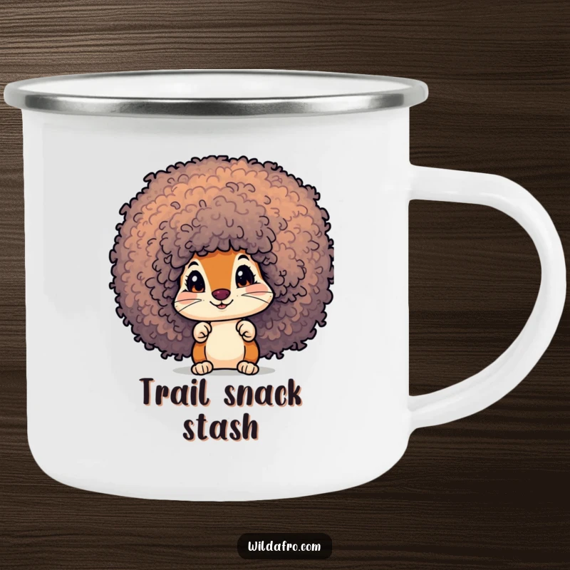 Funny Squirrel Afro Camping Mug: A curious squirrel character peeks out from a vibrant afro in a camping setting.