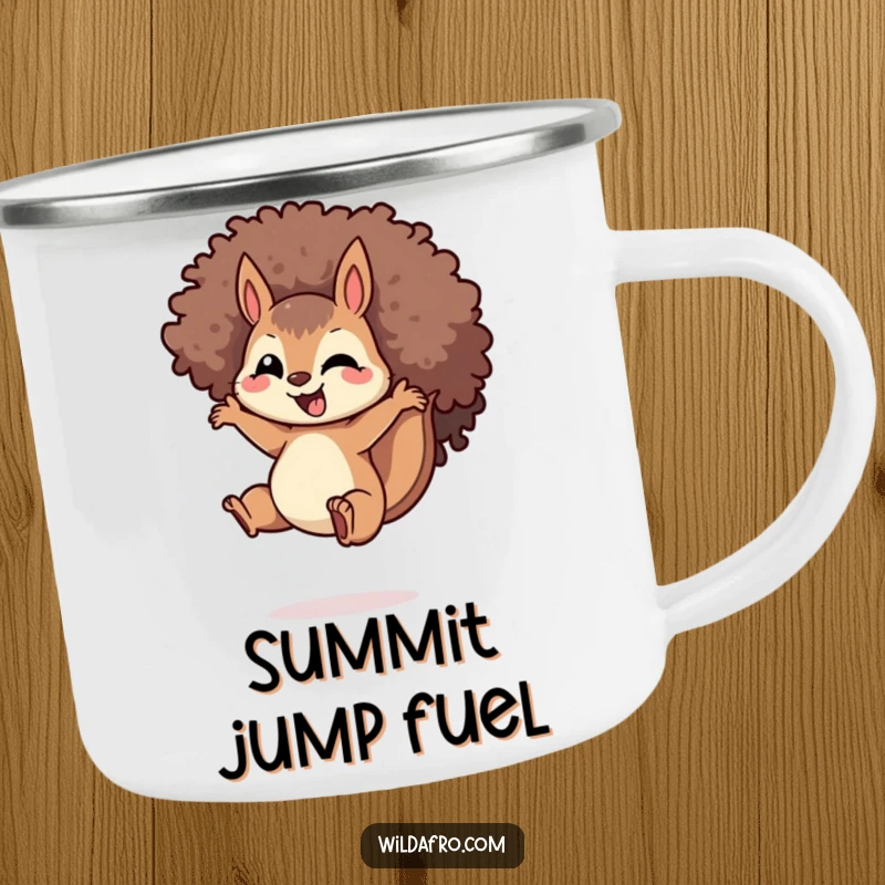 Funny Squirrel Afro Camping Mug: A delighted squirrel with a spiraled afro, mid-jump, durable and humorous for outdoor adventures and morning coffee.