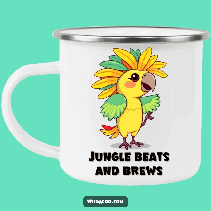Funny Parrot Afro Camping Mug: Dancing Character Flaunting Vibrant Afro for a Fun Gift