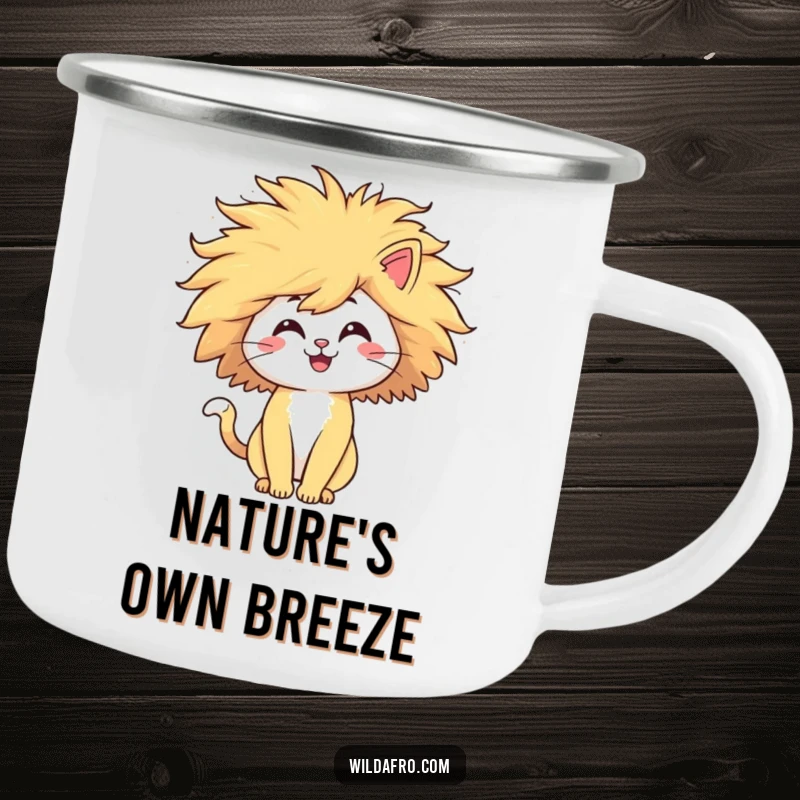 Funny cat camping mug featuring a happy character with a huge, windblown afro, perfect for outdoor enthusiasts and pet lovers.