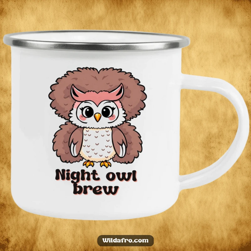 Funny Owl Afro Camping Mug: A playful owl character perches atop a fluffy afro in a camping setting.