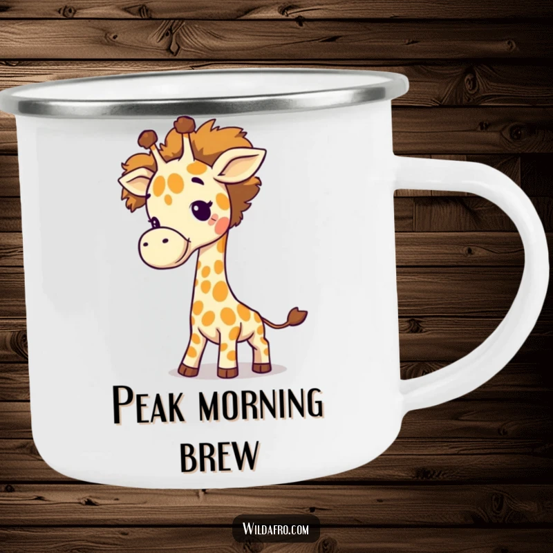 Funny Giraffe Afro Tail Camping Mug showcasing a giggling giraffe swinging a fluffy afro as its tail, ideal for outdoor adventures.