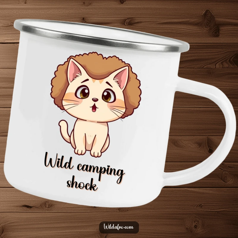 Funny Cat Afro Camping Mug showcasing a surprised cat wearing an afro wig, looking shocked, ideal for outdoor adventures.