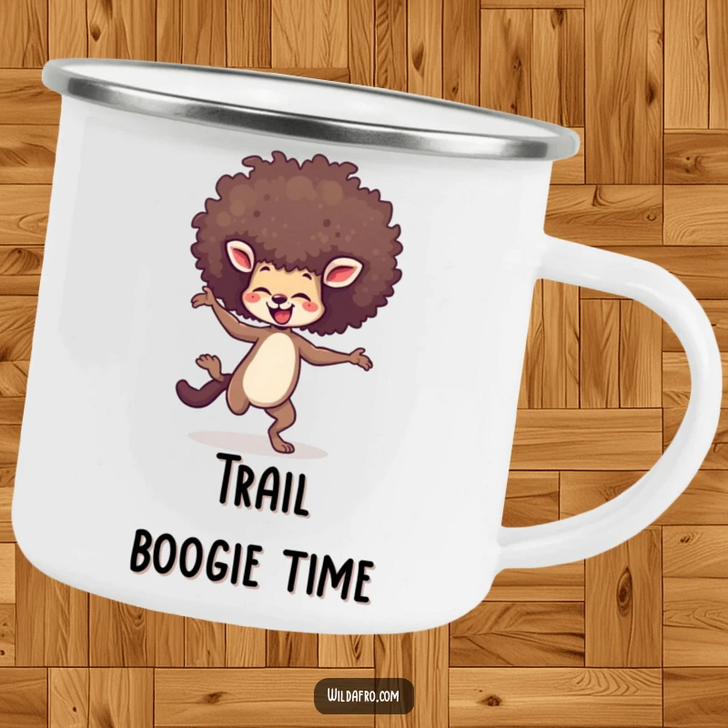 Funny camping mug with an agile animal dancing energetically, its towering afro suggesting a lively spirit on the trail.