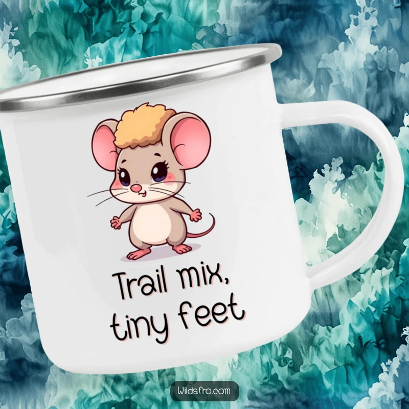 Funny Mouse Camping Mug w/ Afro, Determinedly Tapping Feet, Encouraging Outdoor Focus