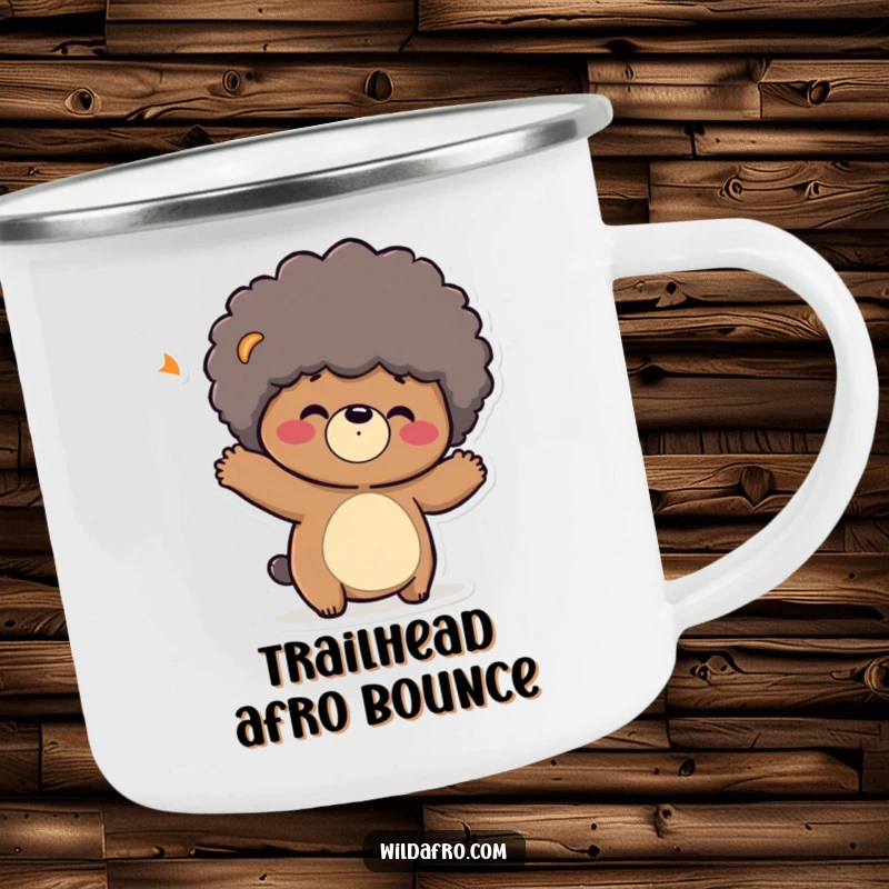 Funny camping mug featuring a playful bear character shaking its head, its afro bouncing. Durable and humorous.