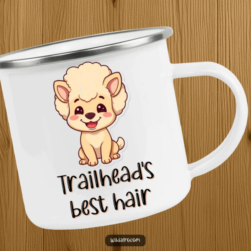 Funny dog camping mug featuring a joyful character with a large, bouncy afro head. Ideal for outdoor enthusiasts and dog lovers.