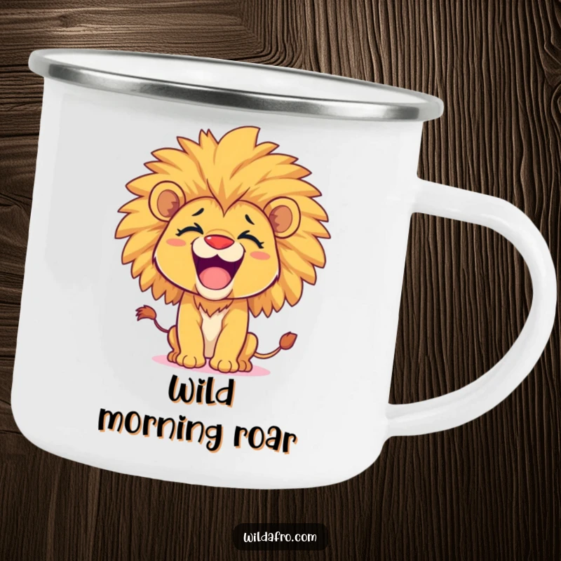 Funny lion cub camping mug, happy with a large afro, playfully roaring, perfect for outdoor enjoyment. A fantastic funny gift.
