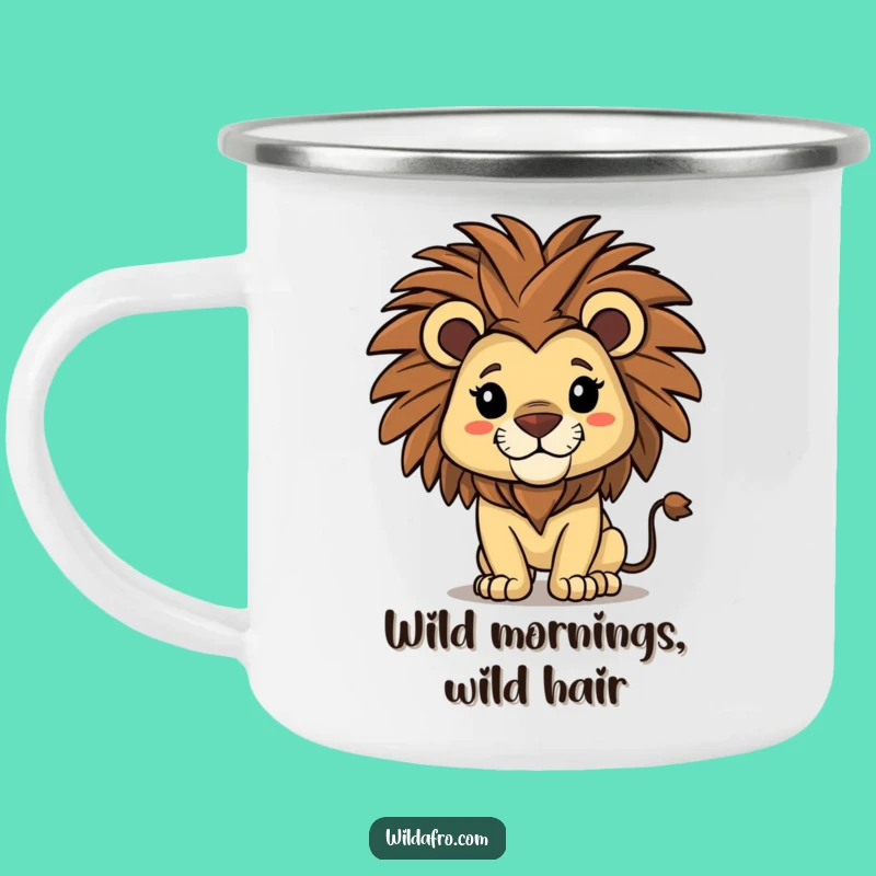 Funny Lion Camping Mug: Afro Adventure, Perfect Funny Gift for Outdoors