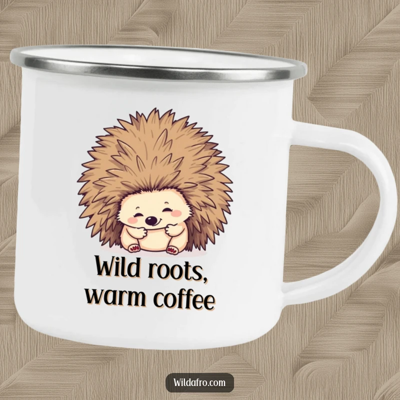 Funny hedgehog digging into a big afro while enjoying the outdoors, featured on a rustic camping mug.