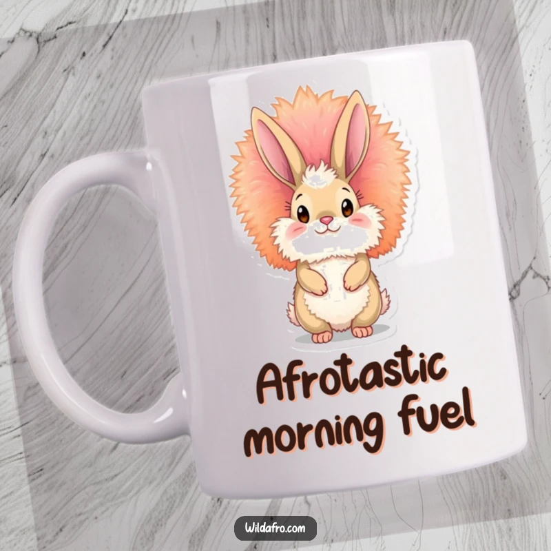 Funny fluffy bunny mug with a vibrant, towering afro, embodying retro style and playful charm for music and fun lovers.