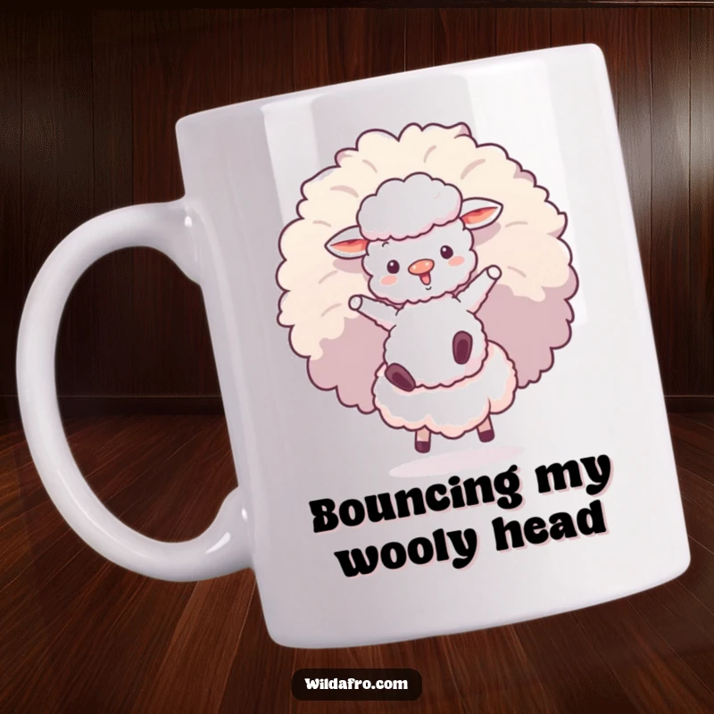 Funny mug showing a fluffy sheep character joyfully bouncing on a giant, colorful afro puff, celebrating unique fun.