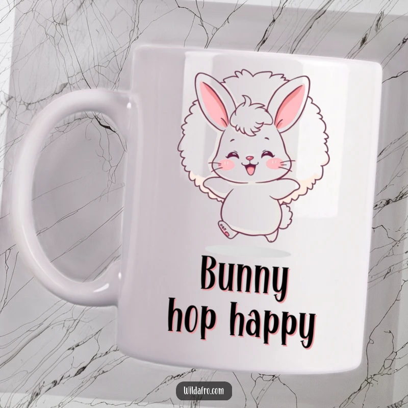 Funny bunny afro mug showing a fluffy bunny with rosy cheeks happily bouncing with a giant, voluminous afro puff.