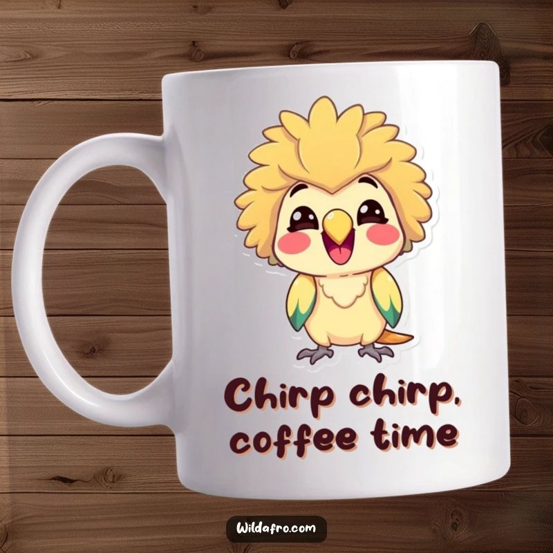 Funny Parrot Mug with Afro Hair, Delighted and Squawking Cheerfully, Expressing Joyful Radiance