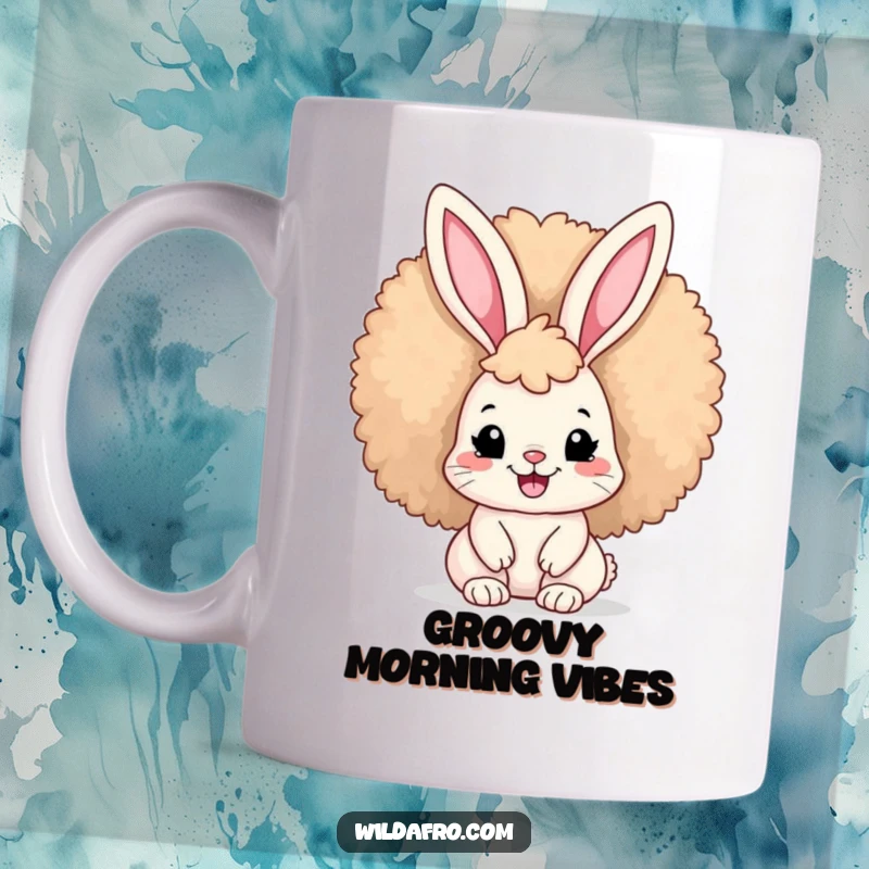 Funny Afro Bunny Mug showcasing a cute bunny with a large, fluffy afro, smiling broadly with infectious joy and style.