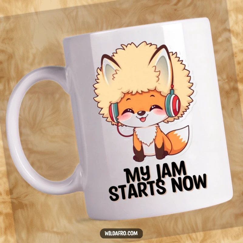 Funny Afro Fox DJ Mug featuring a cheerful fox with a voluminous afro and tiny headphones, looking cool and ready to spin tunes.