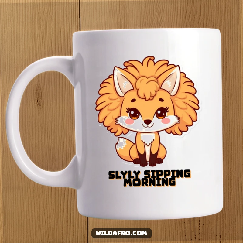 Funny fox mug featuring a playful character with a large, curly afro mane, looking mischievous and stylish. Ideal for animal lovers.