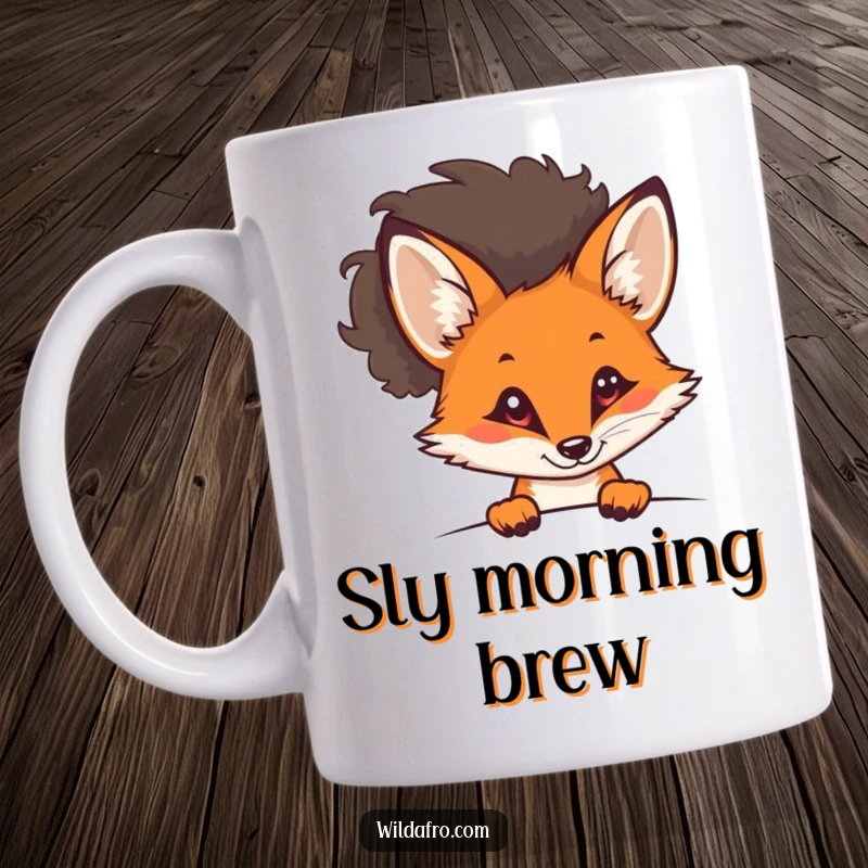 Funny curious fox with a stylish afro peeking out from behind something on a mug, exuding mystery and cool, a clever funny gift.