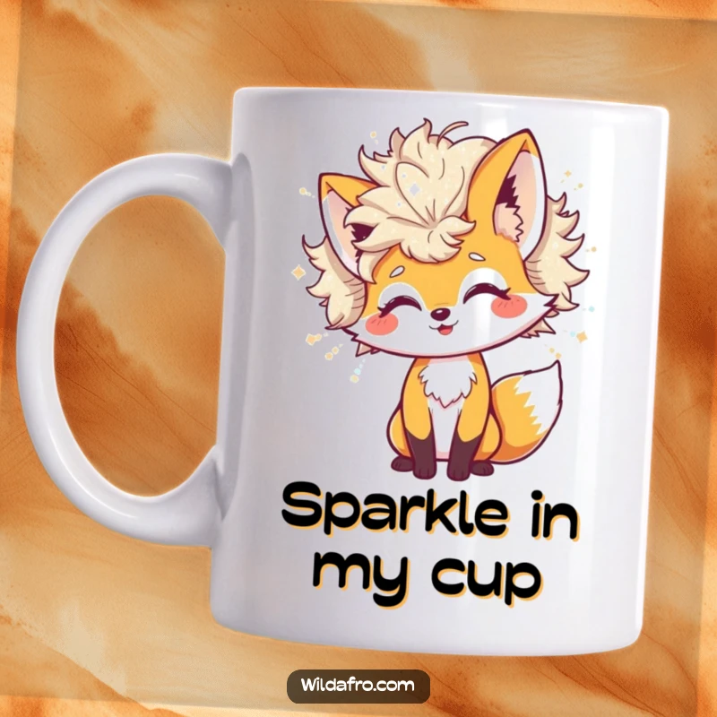 Funny Mug featuring a cheerful fox character playfully shaking a large afro that is shedding shimmering glitter, conveying joy and sparkle.