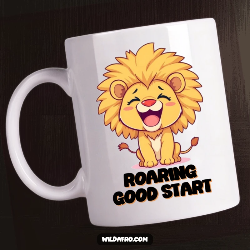 Funny lion cub mug, happy with a huge afro, playfully roaring with vibrant energy and a touch of sass. A perfect funny gift.