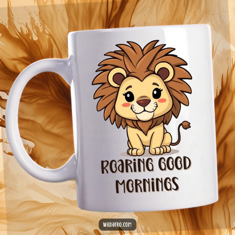 Funny lion mug featuring a proud lion character with a magnificent afro shaking its mane with undeniable confidence.
