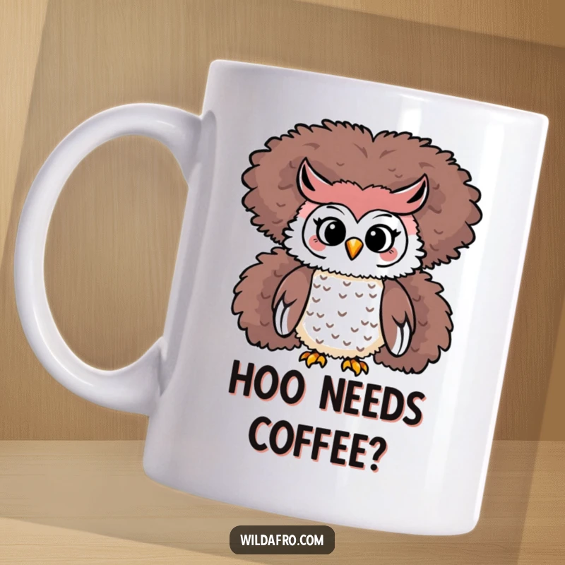 Funny Owl Afro Mug: A playful owl character perches majestically atop a towering, fluffy afro.