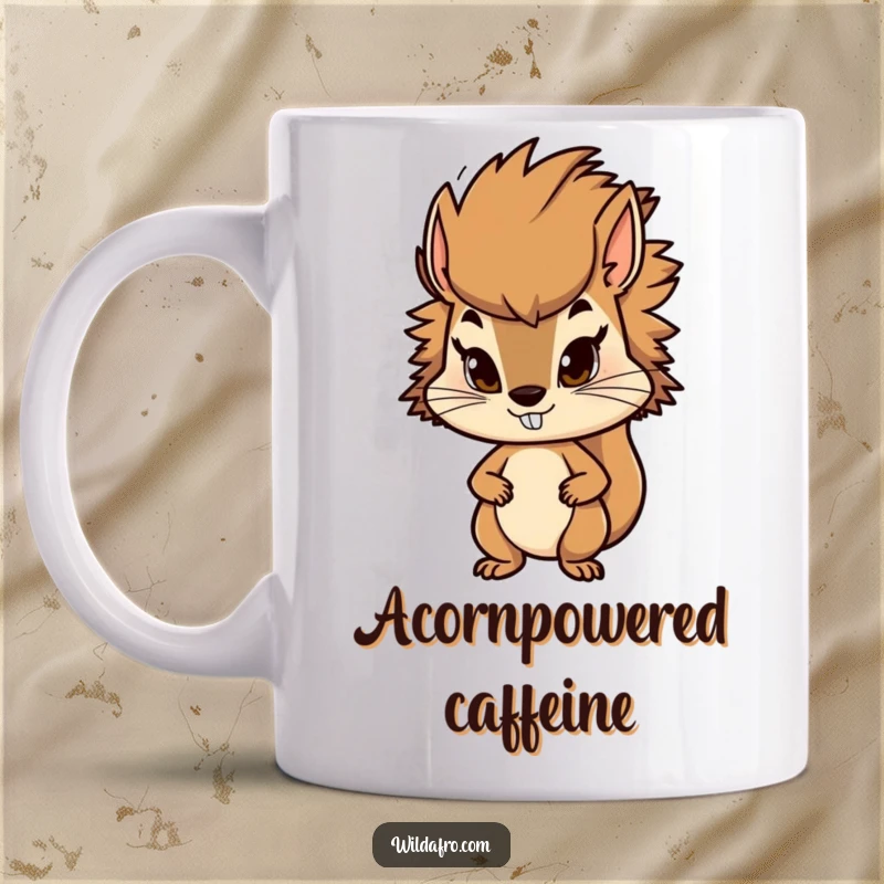 Funny squirrel mug featuring a determined character with a stylish, bushy afro, looking focused and ready. Ideal for busy individuals.