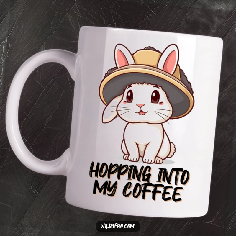 Funny rabbit mug featuring a curious bunny character wearing a colorful afro hat with its ears sticking out playfully.