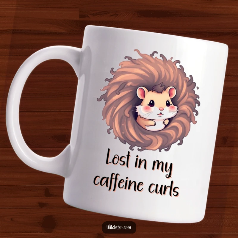Funny hamster mug featuring a curious hamster peeking out from a wild, swirling vortex of afro hair, a comical and quirky design.
