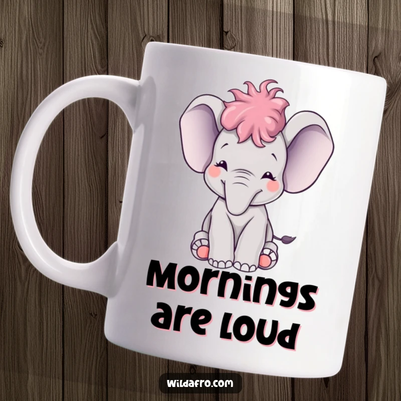 Funny happy elephant calf with a small afro trumpeting joyfully, depicted on a cheerful and humorous mug.