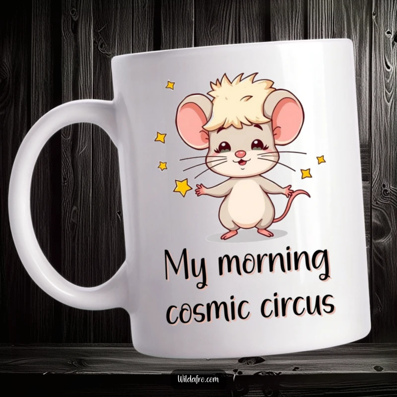Funny mouse mug with an afro, gleefully juggling tiny, glowing stars in a cosmic display, perfect for anyone with big dreams.