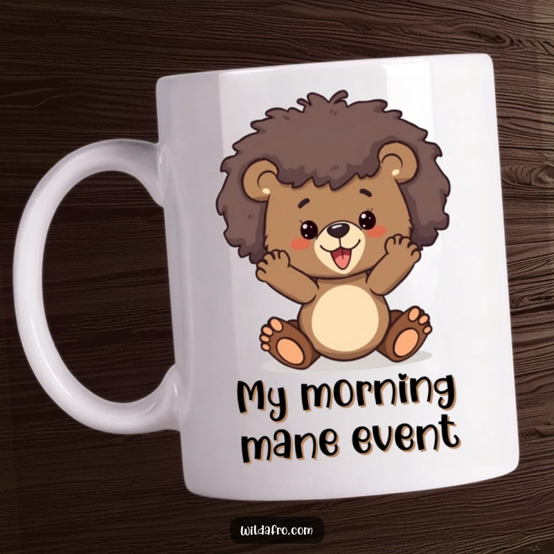 Funny bear cub with a huge, wild afro striking a playful pose on a mug, radiating joy and humor.