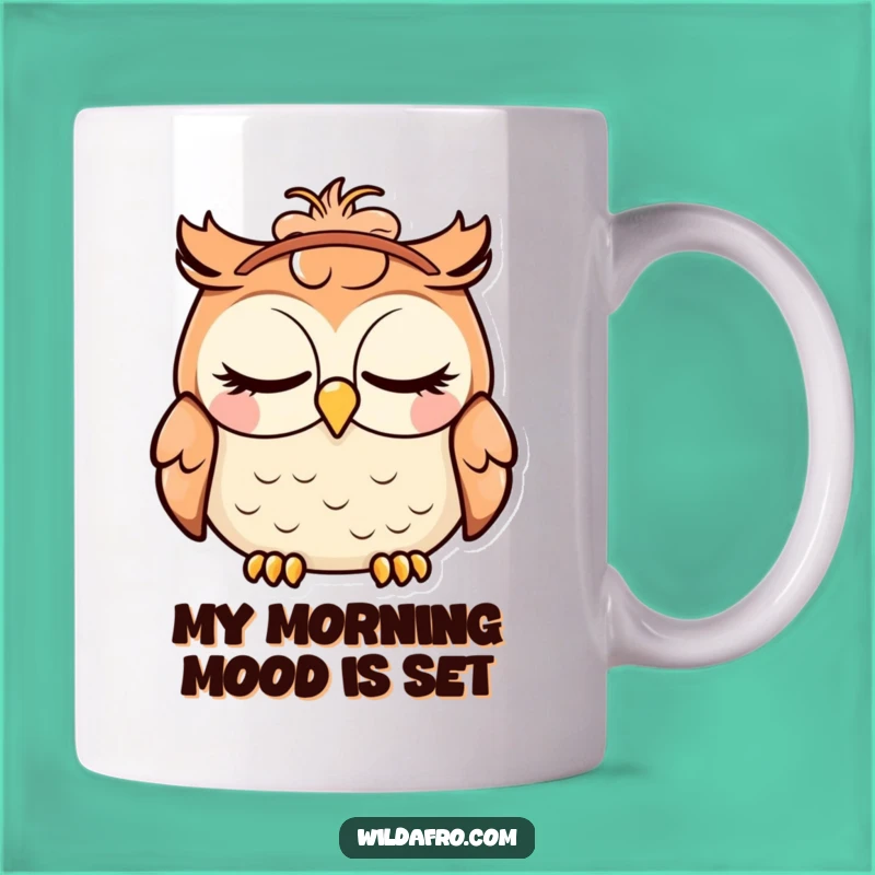 Funny Owl Mug Gift: Contented Bird with Afro Headband, Relaxed and Happy
