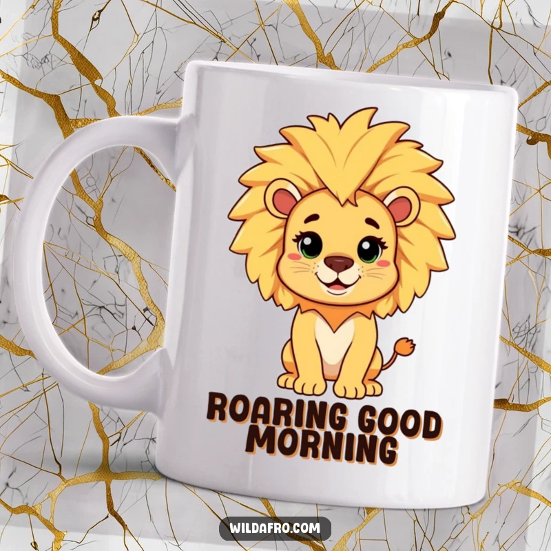 Funny mug showing a cheerful lion character with a magnificent, playful afro mane, celebrating bold style and humor.