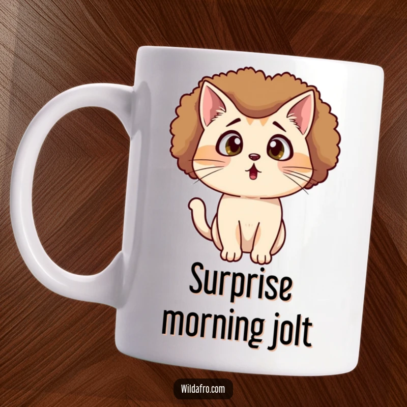 Funny Cat Afro Mug showing a surprised cat with wide eyes wearing a large afro wig, expressing shock and amusement.