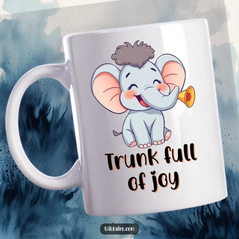 Funny Elephant Mug with Afro Hair, Giggling and Trumpeting Happily, Spreading Joyful Vibes